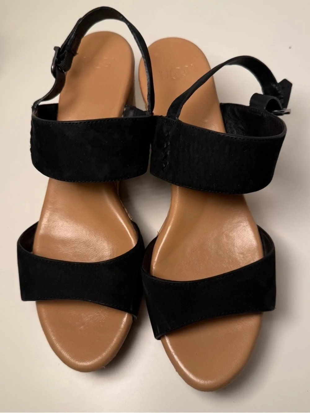 Ugg Elana Black Leather Slingback Cork Jute Wedge Sandals Women's Size 8.5 Boho